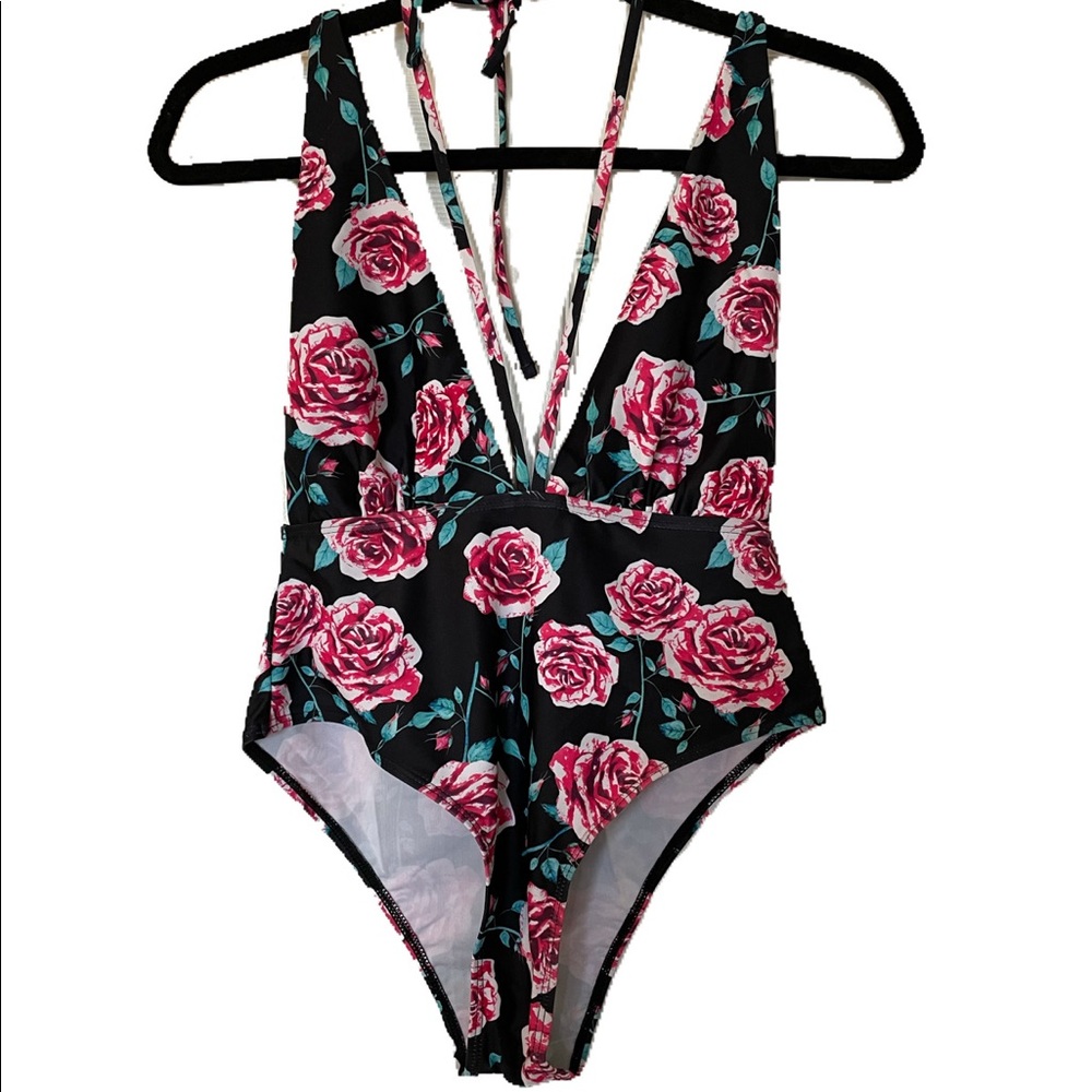 Zaful floral rose black pink one piece swimsuit